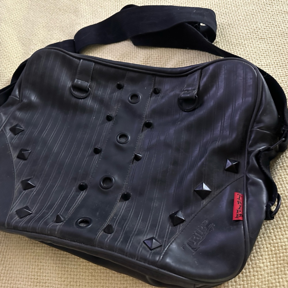 💀 Tripp NYC 💀 Black Messenger Bag Purse, Spikes & Pyramid Studs, Skull Lining